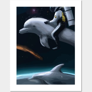 Astronaut riding on a Dolphin in Space Posters and Art